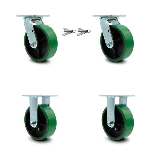 6 Inch Green Poly on Steel Caster Set with Roller Bearings 2 Swivel Lock 2 Rigid